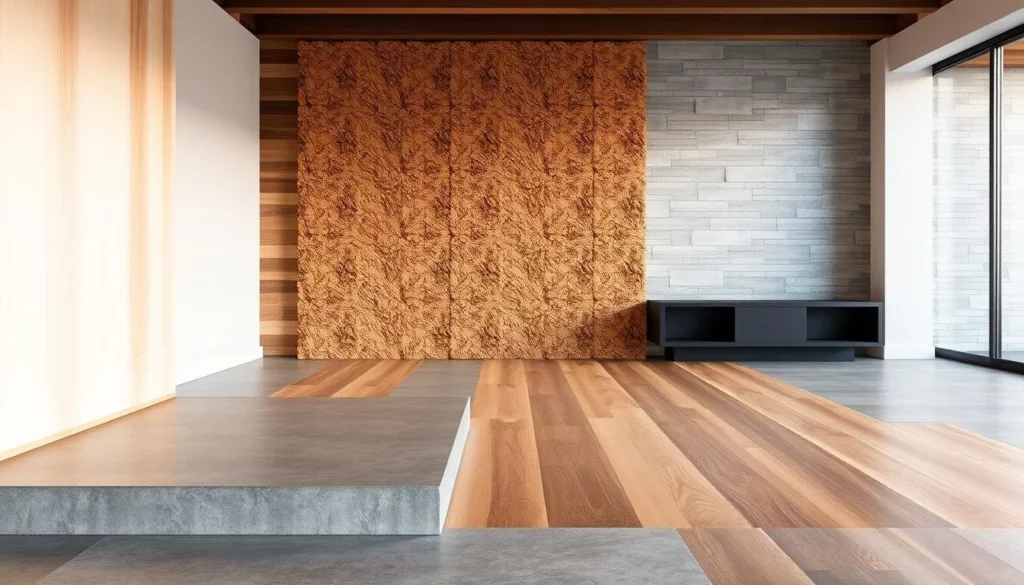 A well-lit, contemporary interior showcasing various types of floating floors. In the foreground, sleek engineered wood panels with a natural grain pattern float above a clean, polished concrete base. In the middle ground, plush, textured laminate planks in a warm, earthy tone create a cozy atmosphere. The background features modern stone-look luxury vinyl tiles, their surface subtly reflecting the lighting. The overall scene conveys a harmonious blend of materials, textures, and elevated design, capturing the essence of versatile floating floor options for a tranquil, acoustically-isolated living space.