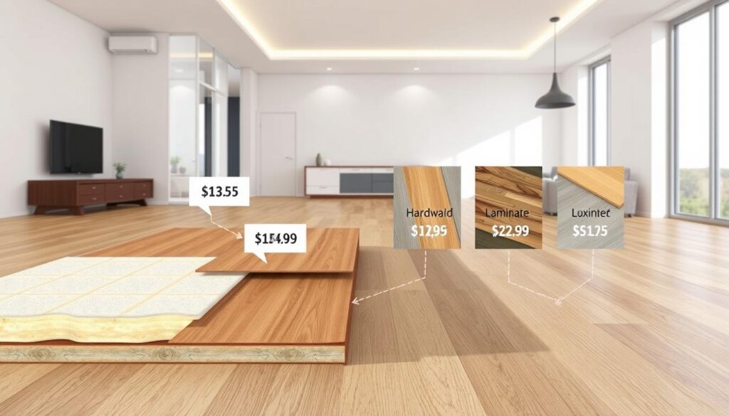 A well-lit, detailed architectural illustration depicting floating floors and their cost considerations. In the foreground, a cutaway view showcases the key components of a floating floor system, including the subfloor, insulation, and underlayment. The middle ground features various flooring materials, such as hardwood, laminate, and luxury vinyl, with price tags and cost information overlaid. The background showcases a modern, minimalist interior space, highlighting the seamless integration of the floating floor. The scene conveys a sense of informative clarity, guiding the viewer through the essential cost factors to consider when selecting a floating floor solution.