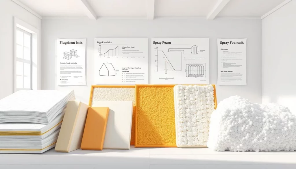 A well-lit, detailed comparison of various insulation materials, showcased in a clean, organized studio setting. In the foreground, an array of different insulation samples - fiberglass batts, rigid foam boards, spray foam, and cellulose - are displayed in a cohesive, visually appealing arrangement. The middle ground features technical diagrams and measurements, providing technical insights into the properties and performance of each material. The background is a softly-lit, minimalist setting, allowing the insulation samples to take center stage. The overall atmosphere is one of informative clarity, inviting the viewer to explore the nuances of these essential home improvement components.