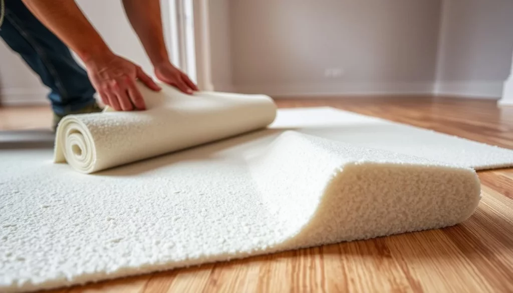A well-lit, detailed interior scene showing the installation process of a foam underlay. The foreground features a person's hands carefully unrolling and cutting a sheet of high-density foam underlay, with the material's texture and thickness clearly visible. The middle ground shows the underlay being precisely laid out and secured to the floor, highlighting the installation steps. The background depicts the empty room space, with clean hardwood or laminate flooring ready to be installed on top of the newly laid foam. The overall scene conveys a sense of meticulous care and attention to detail required for a proper foam underlay installation.