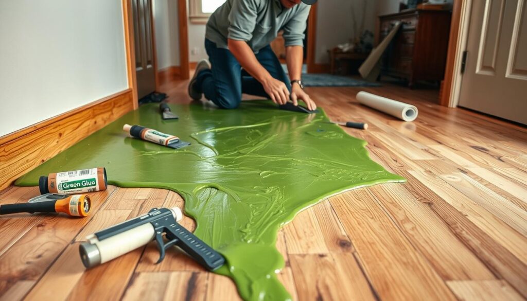 A well-lit, detailed interior scene showing the process of soundproofing a wooden floor with Green Glue. In the foreground, a worker is kneeling on the floor, carefully applying a thick layer of the green-colored adhesive compound across the surface. Surrounding the worker, various tools and materials are neatly arranged, including a caulking gun, a trowel, and rolls of sound-dampening underlayment. The middle ground reveals the partially completed floor, with the Green Glue spreading out evenly. In the background, the rest of the room is visible, showcasing the importance of thorough floor soundproofing for home improvement. The overall scene conveys a sense of diligence, care, and the practical application of an effective soundproofing solution.