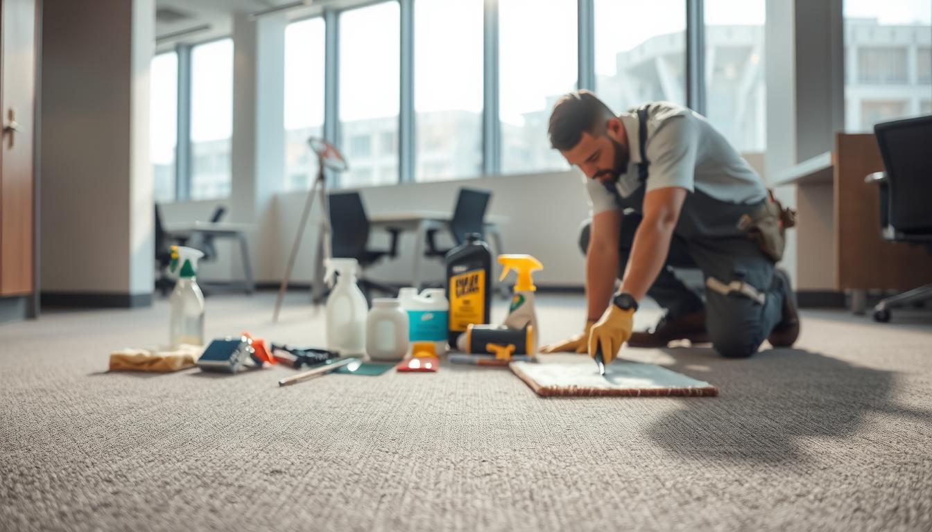 A well-lit, detailed scene of a maintenance worker inspecting and cleaning acoustic floor tiles. The tiles are composed of a soft, textured material with a subtle pattern, occupying the foreground. The worker, dressed in a uniform, is crouched down, closely examining the tiles with a critical eye. In the middle ground, various cleaning tools and supplies are neatly arranged, indicating a systematic approach. The background depicts a spacious, modern office environment with neutral-toned walls and ample natural lighting filtering in through large windows. The overall atmosphere conveys a sense of order, diligence, and attention to detail in the maintenance of these specialized acoustic floor tiles.