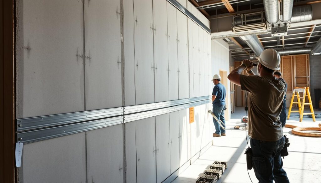 A well-lit, detailed scene of a resilient channel installation in progress. In the foreground, construction workers carefully positioning metal resilient channels along the wall, aligning them precisely. In the middle ground, partially installed drywall panels reveal the channels behind. The background showcases the full room, with tools, materials, and additional workers carrying out the installation. The lighting is bright and natural, creating crisp shadows that accentuate the textures and shapes of the channels and construction materials. The overall mood is one of focused, professional construction work.