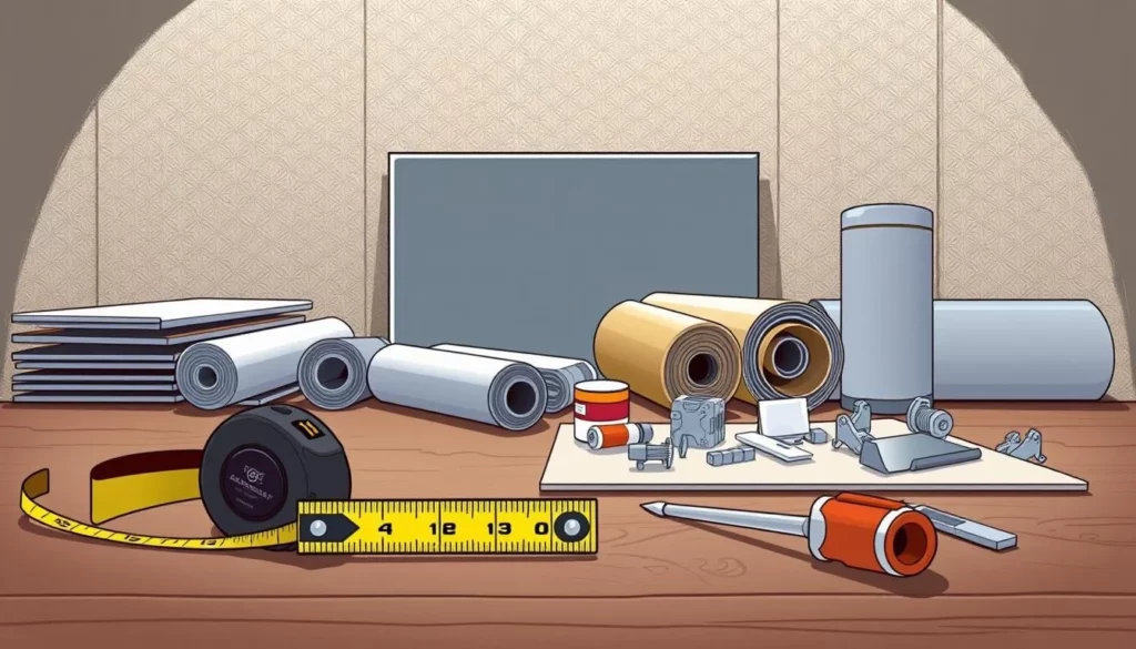 A well-lit, detailed tabletop scene showcasing an assortment of tools and materials essential for acoustic panel installation. In the foreground, a tape measure, level, utility knife, and screwdriver neatly arranged. In the middle ground, rolls of acoustic panels, adhesive, and installation clips. The background features a muted, neutral-toned wall, highlighting the tools and materials. The lighting is soft and diffused, creating a professional, work-ready atmosphere. The camera angle is slightly elevated, providing a clear, unobstructed view of the setup. The overall composition conveys the organized, thoughtful preparation required for a successful acoustic panel installation.