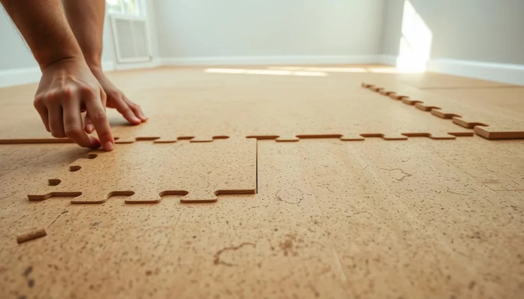 A well-lit, high-angle view of a cork flooring installation process. The foreground shows a pair of hands carefully aligning and securing the interlocking cork tiles, with the texture and natural grain of the cork material prominently featured. The middle ground reveals the partially installed cork floor, showcasing its seamless and even surface. In the background, a clean, minimalist room interior with neutral-toned walls and bright natural lighting creates a calming, serene atmosphere, highlighting the warm, organic aesthetic of the cork flooring. The overall scene conveys a sense of precision, craftsmanship, and the practical benefits of cork as a sustainable, sound-absorbing flooring solution.