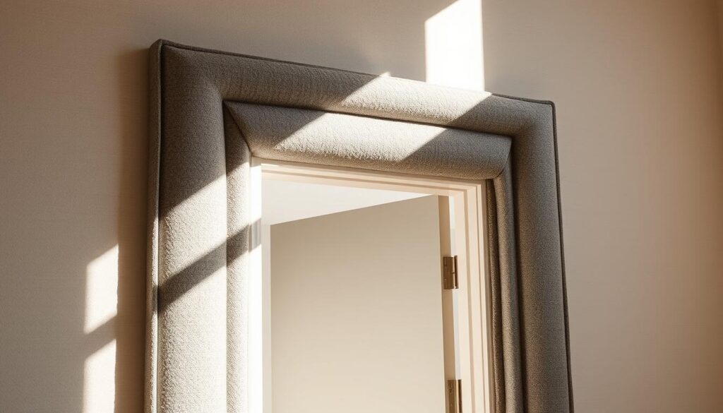 A well-lit, high-angle view of a doorway with thick, sound-absorbing insulation panels installed around the frame. The panels have a textured, acoustic fabric surface in muted tones of gray and beige, blending seamlessly with the surrounding wall. Sunlight streams in from a nearby window, casting soft shadows that accentuate the depth and contours of the doorway. The overall scene conveys a sense of careful, meticulous soundproofing that effectively blocks unwanted noise from passing through the entry.