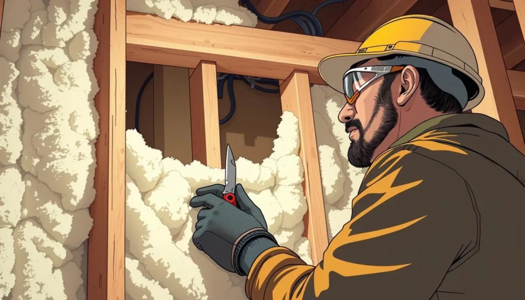A well-lit, high-angle view of a person carefully installing insulation material into the frame of a wall. The insulation is soft, fluffy, and off-white in color. The worker, dressed in a hard hat, safety goggles, and work gloves, is using a utility knife to precisely cut the insulation to size before gently pressing it into the wall cavity. The background shows the framing of the wall, with wooden studs and electrical wiring visible, conveying a sense of the construction process. The overall scene evokes a focused, methodical approach to the task of soundproofing and thermal insulation.