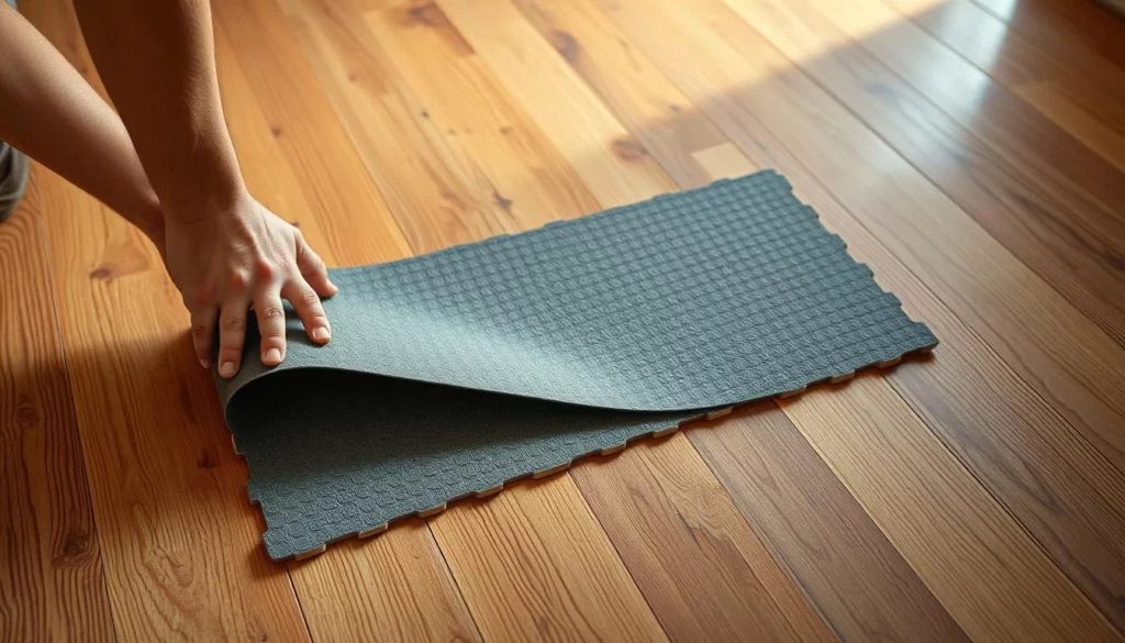 A well-lit, high-angle view of a wooden floor undergoing acoustic underlayment installation. In the foreground, a worker's hands carefully unrolling and securing a gray, flexible rubber underlayment material, with textured surface for improved sound absorption. In the middle ground, the underlayment is seen being pressed and smoothed into place, revealing its interlocking edges. The background shows the clean, unfinished floor surface, ready to receive the final flooring material. Warm, natural lighting accentuates the textures and materials, conveying a sense of precision and attention to detail in the installation process.
