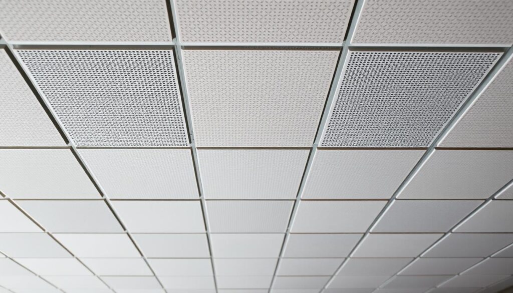 A well-lit, high-resolution close-up photograph of a set of acoustic ceiling tiles in a modern, minimalist interior. The tiles are rectangular, approximately 2 feet by 2 feet in size, with a textured perforated surface in a neutral gray or beige color. The tiles are arranged in a grid pattern, evenly spaced, filling the entire frame. The lighting is soft and diffused, creating gentle shadows that highlight the depth and texture of the tiles. The angle is slightly elevated, providing a clear, unobstructed view of the ceiling tiles. The overall mood is clean, sophisticated, and focused on the technical details of the soundproofing solution.