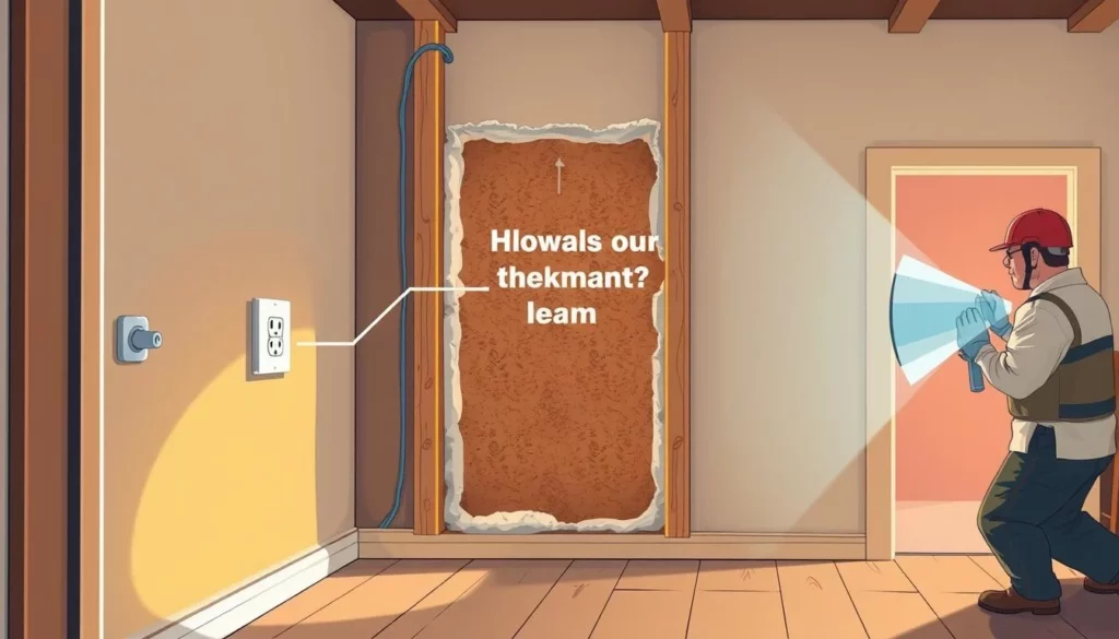A well-lit, high-resolution image of a home interior wall cross-section, showcasing various air sealing techniques. In the foreground, caulk is being applied to seal gaps around electrical outlets and baseboards. The middle ground depicts expanding foam being injected into wall cavities to block air leaks. In the background, a technician uses a blower door test to identify and address any remaining air infiltration points. The lighting is warm and natural, capturing the attention on the critical air sealing details. The overall mood is one of technical precision and practical home improvement.