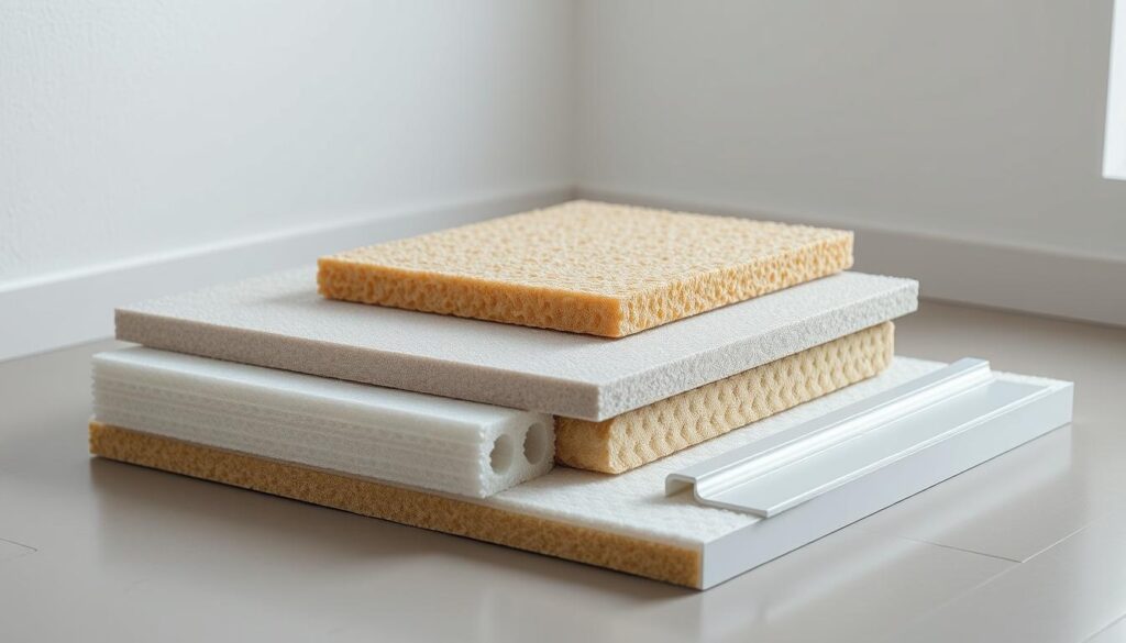 A well-lit, high-resolution image of various soundproofing materials, including acoustic foam panels, mass-loaded vinyl, and resilient channel, arranged neatly on a clean, neutral-colored surface. The materials are displayed to showcase their textures, densities, and thicknesses, allowing the viewer to easily assess their potential for reducing sound transmission between floors. The lighting is soft and diffused, creating a pleasant, informative atmosphere. The camera angle is slightly elevated, providing a clear, comprehensive view of the soundproofing products.