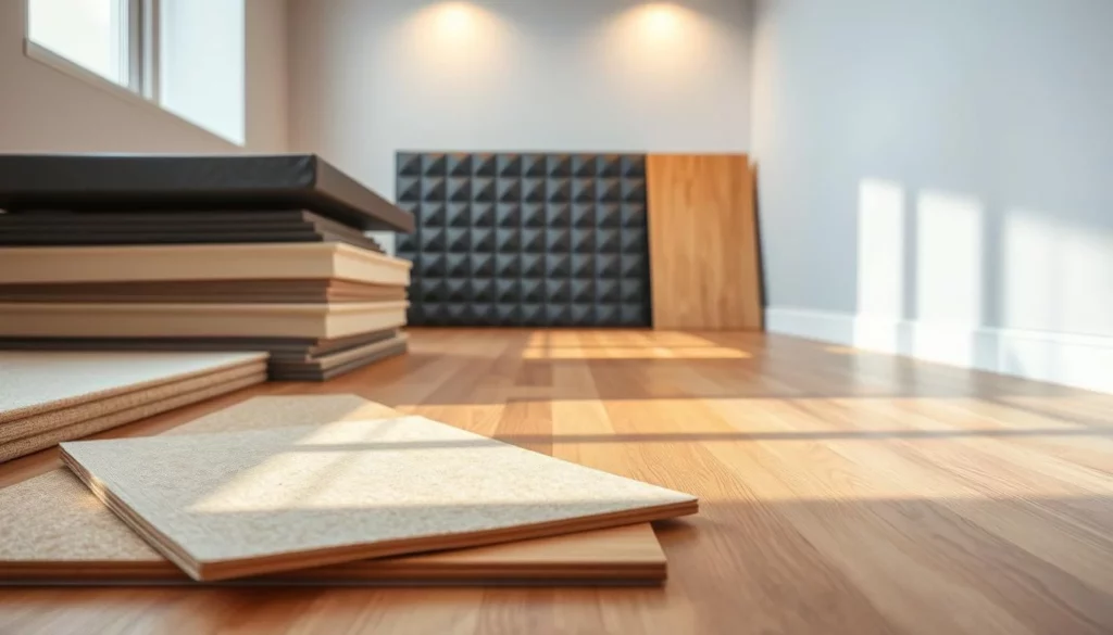 A well-lit, high-resolution photograph of a modern, soundproof flooring solution, showcasing a professional installation. The foreground depicts various types of soundproofing materials, such as thick acoustic underlayment, heavy-duty rubber pads, and specialized insulation panels. The middle ground features a section of exposed hardwood flooring, highlighting its natural beauty and potential for noise reduction. The background presents a serene, minimalist interior space, emphasizing the importance of a quiet, peaceful environment. The overall composition conveys a sense of tranquility and attention to detail in addressing noise-related challenges.