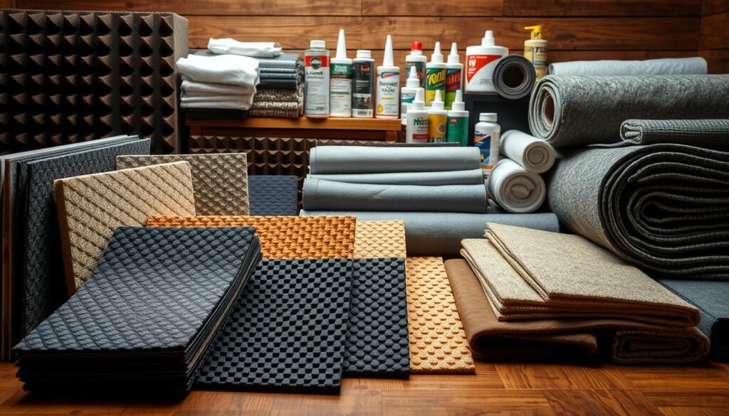 A well-lit, high-resolution photograph of an array of soundproofing materials neatly displayed on a wooden surface. In the foreground, various types of acoustic foam panels with intricate textured patterns, sound-absorbing rubber mats, and dense insulation batts. In the middle ground, rolls of mass-loaded vinyl and acoustic blankets. In the background, a selection of sound-damping sealants, weatherstripping, and adhesives. The lighting is soft and diffused, highlighting the subtle details and muted color palette of the materials. The overall composition conveys a sense of professionalism and expertise in acoustic engineering. A well-lit, high-resolution photograph of an array of soundproofing materials neatly displayed on a wooden surface. In the foreground, various types of acoustic foam panels with intricate textured patterns, sound-absorbing rubber mats, and dense insulation batts. In the middle ground, rolls of mass-loaded vinyl and acoustic blankets. In the background, a selection of sound-damping sealants, weatherstripping, and adhesives. The lighting is soft and diffused, highlighting the subtle details and muted color palette of the materials. The overall composition conveys a sense of professionalism and expertise in acoustic engineering.