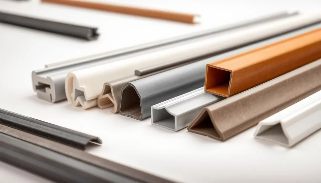 A well-lit, high-resolution photograph of an assortment of different types of weatherstripping products, including foam, rubber, and V-shaped varieties, arranged on a clean, neutral background. The weatherstripping is displayed in a way that clearly showcases their distinctive shapes, textures, and colors, allowing the viewer to easily compare and contrast the various options. The lighting is soft and diffused, creating a sense of clarity and focus on the products. The camera angle is positioned at a slight angle, providing a dynamic and visually interesting composition. The overall mood is informative and educational, guiding the viewer through the process of choosing the right weatherstripping for their doors.