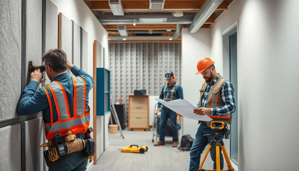 A well-lit interior scene of a commercial office space, featuring two professional soundproofing contractors working diligently. In the foreground, a skilled worker carefully installs sound-dampening panels on the walls, using specialized tools. In the middle ground, another contractor examines blueprints, planning the optimal layout for maximum noise reduction. The background showcases the company's state-of-the-art equipment, including heavy-duty sound insulation materials and high-powered tools. The overall atmosphere conveys a sense of expertise, precision, and a commitment to providing effective soundproofing solutions for residential and commercial clients.