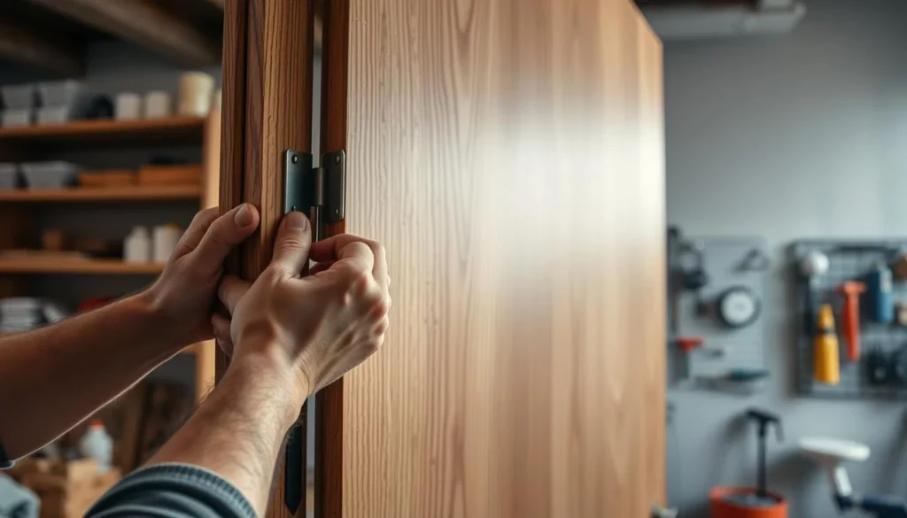 A well-lit interior scene showcasing the maintenance of a solid core wooden door. In the foreground, a person's hands are carefully inspecting the door's hinges, checking for any loose screws or signs of wear. The middle ground features the door itself, its sturdy construction and rich grain visible. In the background, shelves of tools and cleaning supplies suggest a dedicated workshop space. Soft, diffused lighting illuminates the scene, creating a sense of focus and attention to detail. The overall mood is one of diligence and care, reflecting the importance of proper maintenance for effective soundproofing.
