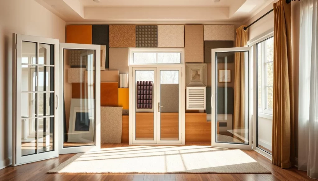 A well-lit interior scene showcasing various types of soundproof windows. In the foreground, a single-pane, double-pane, and laminated glass window are displayed side by side, highlighting their distinct visual characteristics. In the middle ground, a casement window and a sliding window demonstrate their unique operating mechanisms. The background features an array of acoustic panels, sound-dampening curtains, and other sound-proofing accessories to create a comprehensive visual comparison of soundproof window options. The scene is captured with a crisp, high-resolution camera, emphasizing the intricate details and textures of the materials. The lighting is warm and natural, creating a serene and informative atmosphere.