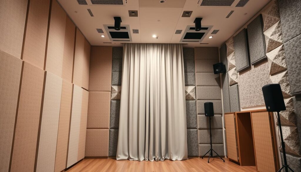 A well-lit room showcasing a variety of soundproofing solutions. In the foreground, high-density acoustic panels in neutral tones line the walls, absorbing sound waves. In the middle ground, a strategically placed sound-dampening curtain hangs from the ceiling, cascading down to the floor. The background features a mix of sound-blocking insulation materials and noise-cancelling devices, creating a harmonious and serene environment. The lighting is soft and diffused, emphasizing the textures and materials used for effective soundproofing. The scene conveys a sense of efficiency and attention to detail in addressing acoustic needs.