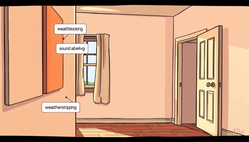 A well-lit room with a focus on the non-destructive soundproofing techniques. In the foreground, a section of a wall is shown, with various sound-absorbing materials like acoustic panels, mass-loaded vinyl, and weatherstripping applied. The middle ground showcases a window with sound-blocking curtains, and in the background, a door with a soundproof seal around the frame. The lighting is warm and natural, creating a sense of a cozy, functional space. The overall atmosphere conveys a practical, yet visually appealing solution for soundproofing an existing space without major renovations.