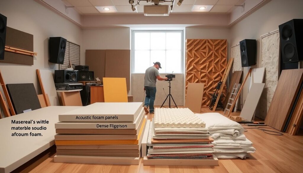 A well-lit, spacious home studio with an array of affordable soundproofing materials displayed prominently in the foreground. The materials include acoustic foam panels, mass-loaded vinyl sheets, and dense fiberglass insulation. In the middle ground, a worker measures and cuts the materials to size, while in the background, a partially soundproofed wall showcases the effectiveness of the solutions. The scene conveys a sense of practicality, attention to detail, and a focus on maximizing impact with a limited budget.