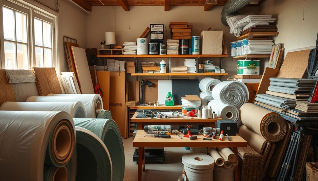 A well-lit, spacious home workshop filled with an assortment of DIY soundproofing materials. In the foreground, coils of mass-loaded vinyl, acoustic foam panels, and rolls of soundproofing insulation. On a workbench in the middle ground, various tools and adhesives for installation. In the background, shelves stocked with other soundproofing supplies like resilient channels, green glue, and damping mats. Warm, natural lighting illuminates the scene, emphasizing the textural details of the materials. The overall atmosphere conveys a sense of organization, practicality, and the potential for an effective, renter-friendly soundproofing solution.