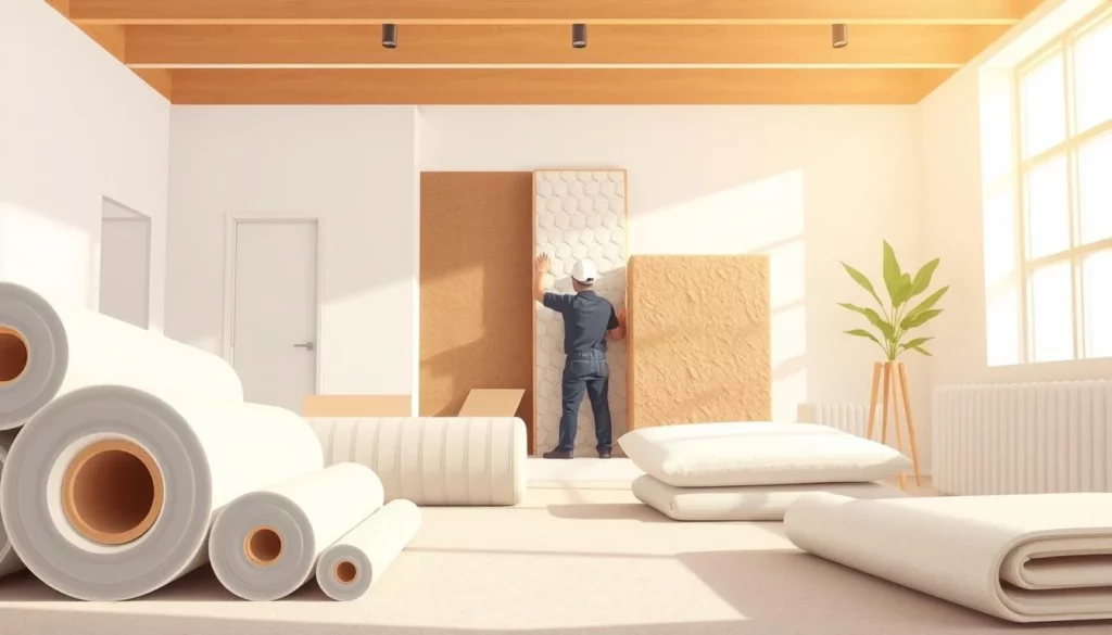 A well-lit, spacious room showcasing various cost-effective soundproofing solutions. In the foreground, rolls of high-density insulation material and acoustic panels in neutral tones are prominently displayed. In the middle ground, a worker is installing the insulation in a wall cavity, demonstrating the process. The background features a clean, modern interior design with minimal decor, emphasizing the focus on functionality and efficiency. The lighting is soft and natural, creating a serene, professional atmosphere. The overall composition conveys a sense of practical, budget-friendly soundproofing options suitable for the "Choosing the Right Insulation for Your Needs" section.