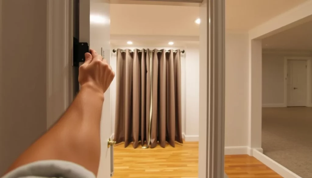 A well-lit, step-by-step installation of soundproof door curtains. In the foreground, a person's hands carefully attaching the curtain hardware to the doorframe. The curtains themselves hang in the middle ground, their thick, sound-absorbing material visible. In the background, a clean, neutral-toned room with hardwood floors and minimal decor, allowing the focus to remain on the installation process. Soft, even lighting from overhead sources casts a warm glow, conveying a sense of precision and care. The angle captures the entirety of the doorway, showcasing the full installation from top to bottom.