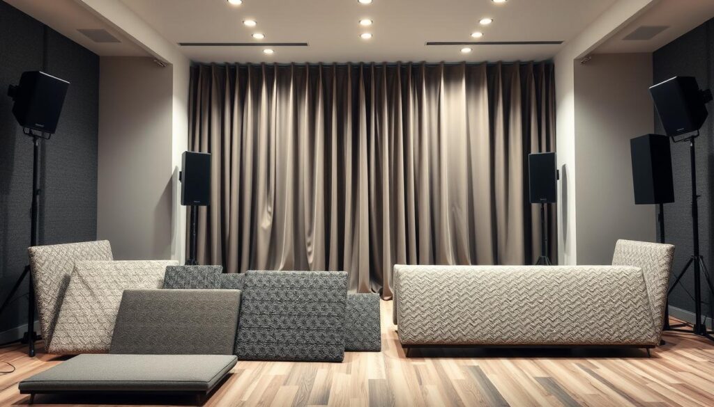 A well-lit studio scene, captured with a wide-angle lens, showcasing the distinct differences between acoustic treatment and soundproofing. In the foreground, sound-absorbing panels in various textures and patterns are displayed, creating a visually appealing and functional arrangement. In the middle ground, a heavy curtain or barrier represents the concept of soundproofing, blocking and isolating the space. The background features a clean, minimalist backdrop, allowing the viewer to focus on the contrast between the two sound-control methods. The lighting is soft and diffused, creating a professional, informative atmosphere suitable for an educational article.