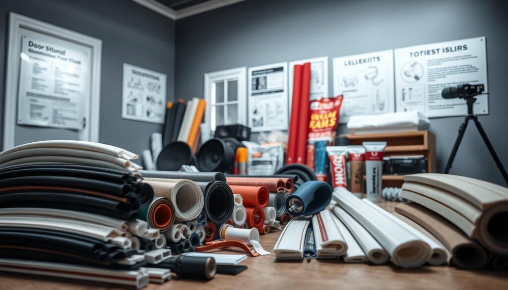A well-lit studio scene showcasing various soundproofing products designed to enhance door and window seals. In the foreground, an array of weatherstripping, foam gaskets, and caulking tubes in a range of colors and textures. In the middle ground, a collection of window insulation kits and door draft stoppers. The background features a softly-lit wall displaying technical specifications and installation instructions. The scene is captured with a shallow depth of field, creating a sense of focus and attention to detail. The overall mood is one of professional expertise and practical solutions for sound-dampening a bedroom environment.