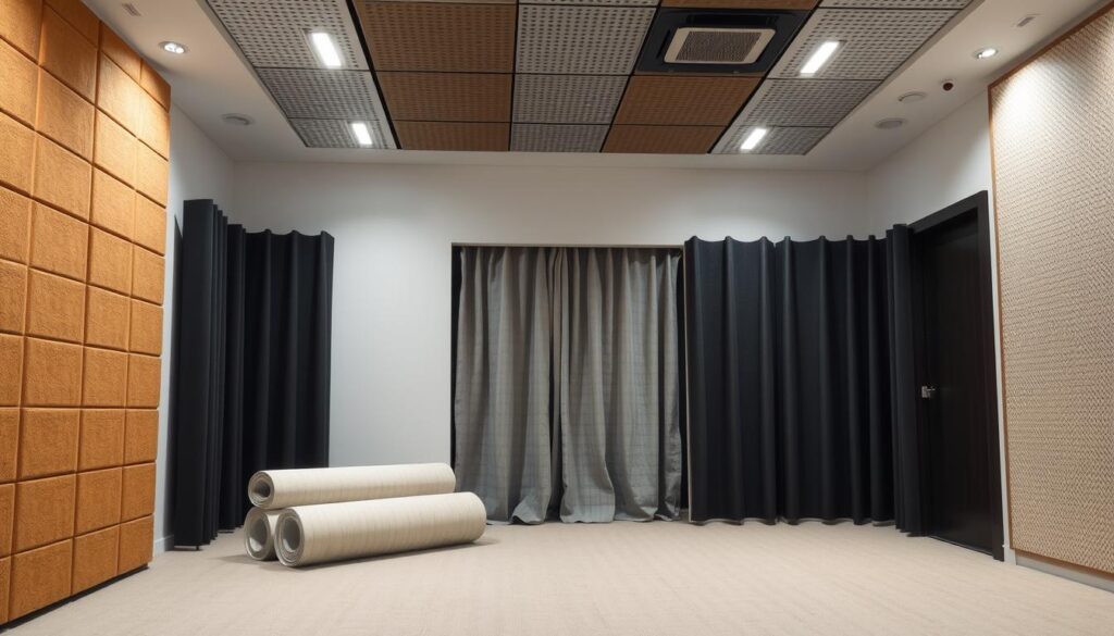 A well-lit studio setting, showcasing a variety of soundproofing materials. In the foreground, high-density acoustic foam panels in earthy tones, meticulously arranged to absorb sound waves. In the middle ground, rolls of sound-dampening insulation and thick, noise-blocking curtains. The background features sleek, perforated acoustic ceiling tiles, strategically positioned to create an optimal soundscape. The overall mood is one of precision and functionality, with a focus on the technical aspects of effective soundproofing solutions for a commercial office meeting room.