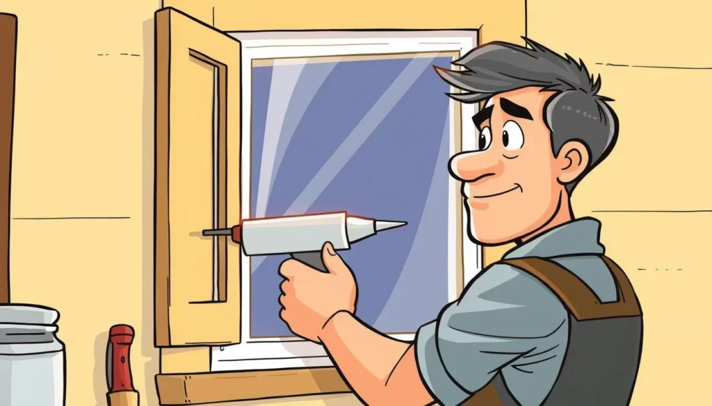 A window being carefully caulked by a skilled tradesperson, with a caulking gun in hand and a smooth, even bead of sealant being applied along the frame. The window is well-lit, perhaps from a nearby window or skylight, casting a warm, natural glow on the scene. The surroundings are clean and organized, with tools and materials neatly arranged, conveying a sense of professionalism and attention to detail. The person's facial expression is focused, their movements precise, as they expertly seal the window to protect against drafts and moisture. The overall mood is one of calm, methodical expertise, reflecting the importance of this crucial step in window maintenance and home weatherization.