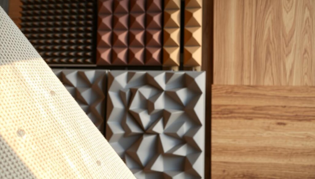 An organized display of acoustic panel materials, showcasing their diverse textures and colors. In the foreground, a close-up view of a soft, plush fabric panel, its weave visible under warm, natural lighting. In the middle ground, a collection of rigid foam panels in various shades of gray, their geometric patterns creating a visually striking arrangement. In the background, a set of sleek, wooden panels with a rich, grain-like texture, their neutral tones complementing the other materials. The overall scene conveys a sense of acoustic efficiency and design versatility, highlighting the key cost factors to consider when selecting acoustic panel solutions.