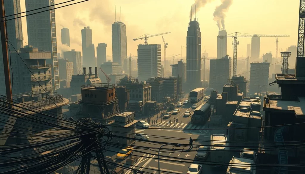 Bustling urban landscape, shrouded in a haze of exhaust fumes and industrial noise. Towering skyscrapers and crumbling infrastructure, a cacophony of honking horns, construction equipment, and the rumble of heavy traffic. Gritty, high-contrast lighting casts long shadows, emphasizing the claustrophobic atmosphere. In the foreground, a tangle of power lines and a maze of wires, a visual representation of the unseen auditory assault. The middle ground is dominated by a busy intersection, cars and pedestrians fighting for space amidst the cacophony. The background fades into a blur of smog-tinged sky, a constant reminder of the environmental toll of this urban symphony.