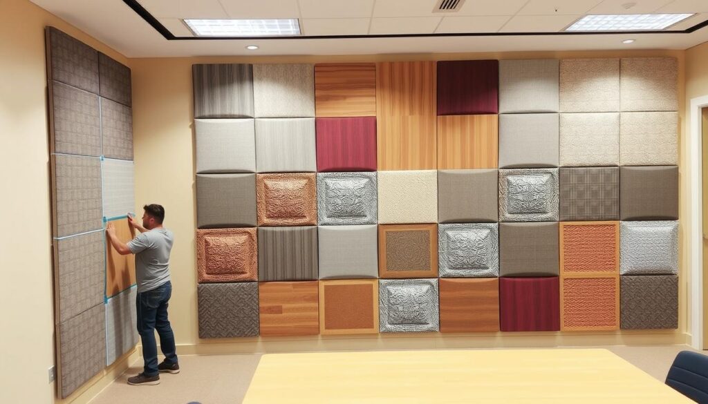 Detailed installation of acoustic wall panels in a modern office setting. A clean, well-lit room with a warm, neutral color palette. The foreground shows the process of mounting the panels, with a worker carefully aligning and securing them to the wall. The middle ground features a range of different panel designs, textures, and colors, demonstrating the variety of options available. The background showcases the transformed space, with the acoustic panels seamlessly integrated into the overall interior design, creating a visually appealing and acoustically optimized environment.
