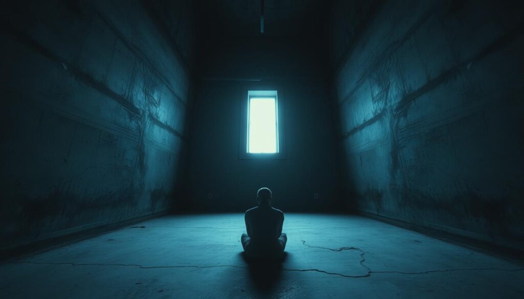 Gloomy, dimly lit room with bare concrete walls, a single narrow window casting faint shadows. In the center, a figure sits alone, hunched and withdrawn, surrounded by a sense of isolation. Muted colors, tones of gray and blue, convey the somber mood. The perspective is close, emphasizing the claustrophobic atmosphere. The lighting is dramatic, with deep shadows and harsh highlights, adding to the sense of confinement and emotional detachment. An overarching feeling of melancholy and disconnection permeates the scene.
