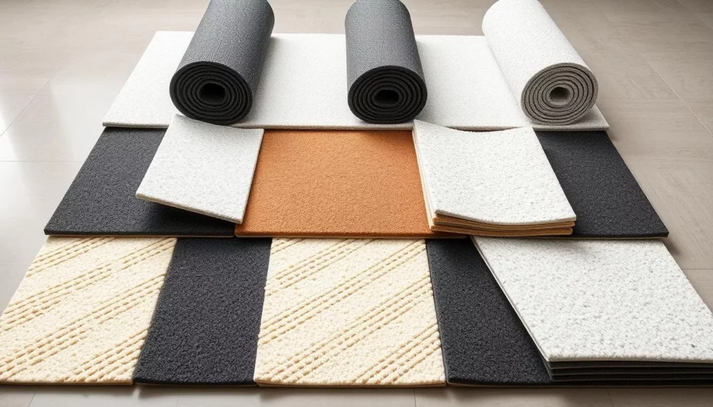 Soundproof underlayment comparison: A neatly arranged display of various soundproof underlayment products on a clean, well-lit surface. The underlayments are presented in a grid-like format, showcasing their different thicknesses, densities, and material compositions. The lighting is soft and diffused, highlighting the textures and subtle variations of each product. The background is a neutral, muted color that allows the underlayments to take center stage, emphasizing their technical qualities and performance characteristics. The overall composition conveys a sense of professionalism and attention to detail, suitable for an informative article on noise reduction underlayment. Soundproof underlayment comparison: A neatly arranged display of various soundproof underlayment products on a clean, well-lit surface. The underlayments are presented in a grid-like format, showcasing their different thicknesses, densities, and material compositions. The lighting is soft and diffused, highlighting the textures and subtle variations of each product. The background is a neutral, muted color that allows the underlayments to take center stage, emphasizing their technical qualities and performance characteristics. The overall composition conveys a sense of professionalism and attention to detail, suitable for an informative article on noise reduction underlayment.