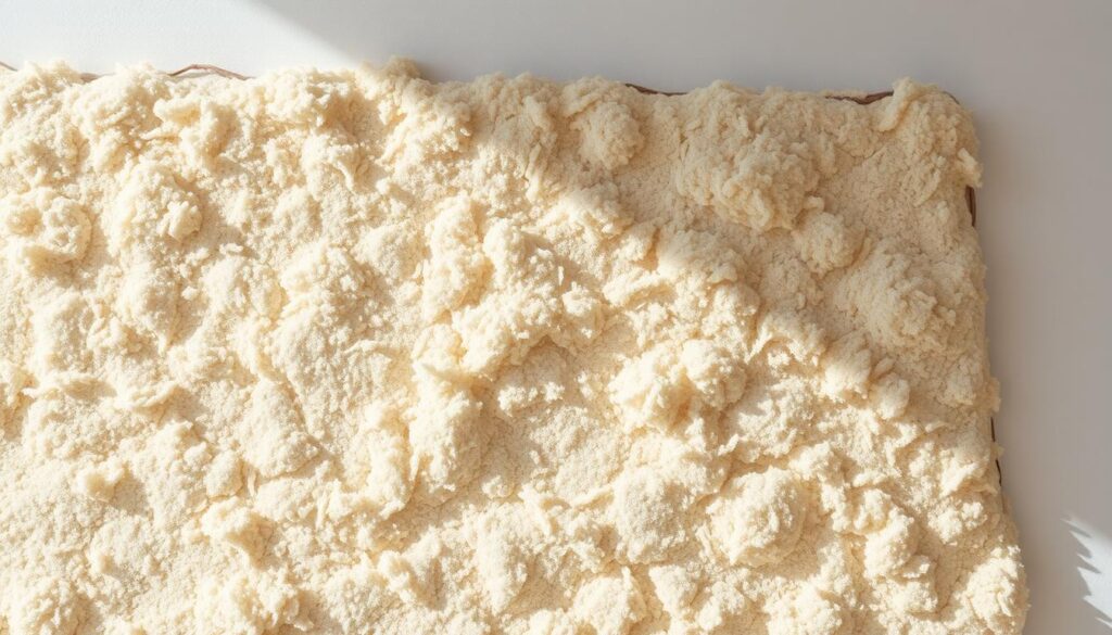 Soundproofing insulation, a thick, soft material in a neutral color, fills the frame. The insulation is placed against a plain white wall, capturing the installation process in a clear, well-lit setting. The texture is tactile, with visible fibers and a plush, cushiony appearance. The lighting is natural, casting gentle shadows that add depth and dimension to the scene. The focus is sharp, drawing the viewer's attention to the intricate details of the insulation's construction. The overall mood is calm and informative, emphasizing the importance of proper installation for effective soundproofing.