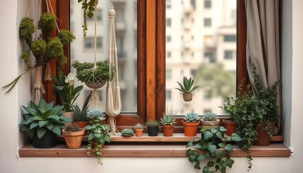 Window garden with noise reduction materials, muted tones, soft natural lighting. In the foreground, various sound-dampening plants and accessories like moss-covered trellises, hanging macrame plant holders, and acoustic curtains. In the middle ground, a wooden window frame with a ledge displaying potted succulents and trailing vines. The background features a blurred, calming outdoor scene with hazy buildings or trees. The overall mood is one of tranquility, relaxation, and mindful living in an urban setting.