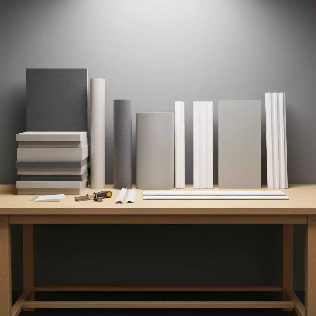 Various soundproofing materials and tools laid out on a workbench, ready for installation
