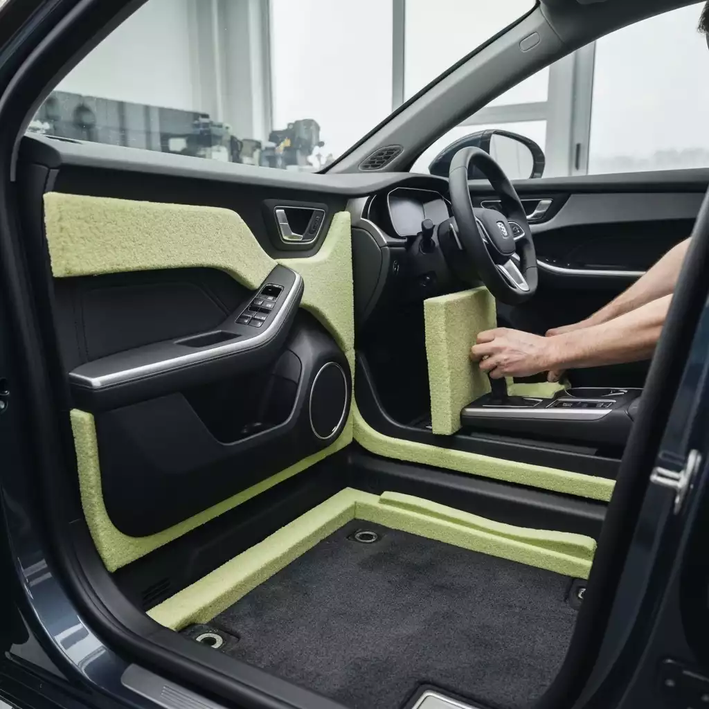 Detailed view of car interior being soundproofed with various materials, showing an installer working