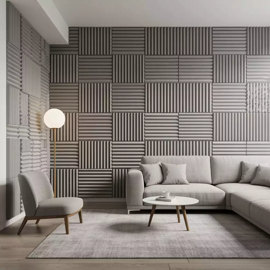 Modern living room with sound-absorbing panels on walls, quiet and peaceful atmosphere